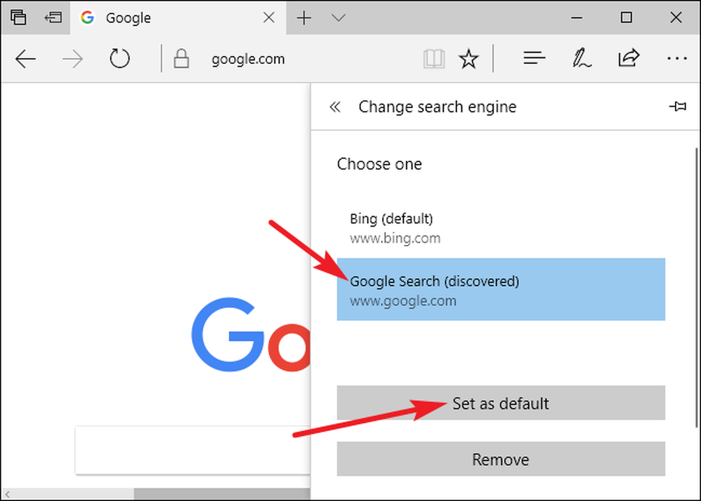 How to change bing search bar to google windows 10