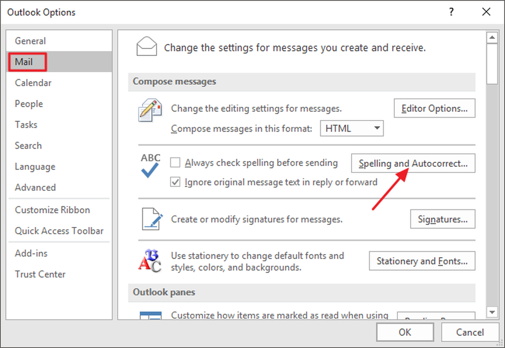 Outlook options. Available customizations pane. Edit options