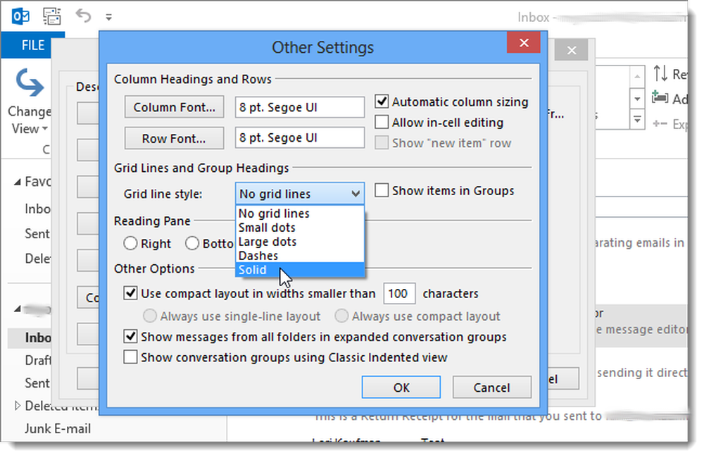 Views настройка. Grid lines and Group headings Outlook.